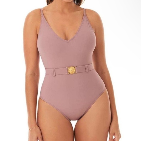 SKINNY DIPPERS by Miraclesuit nude belted medallion one piece simba swimsuit L - Picture 2 of 8